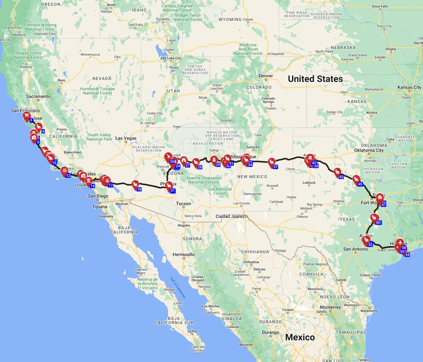 San Francisco to Houston driving  a Motorhome  USA RV full trip route plan